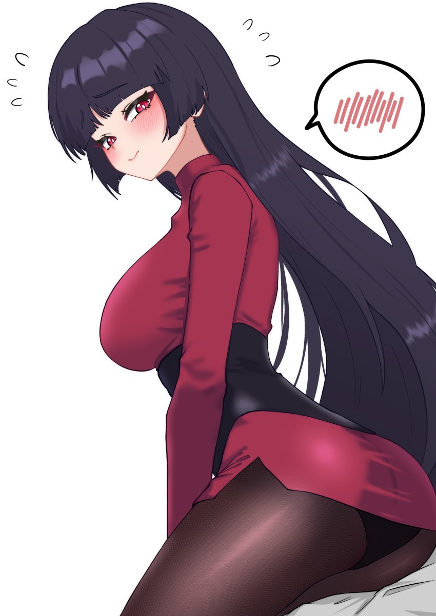 1girls 3: absurdres ass big_breasts black_hair black_leotard blunt_bangs blush breasts bright_pupils brown_pantyhose closed_mouth commentary creatures_(company) crop_top embarrassed female game_freak highres korean_commentary leotard leotard_under_clothes long_hair long_sleeves looking_at_viewer medium_breasts miniskirt nintendo oldsickkim pantyhose pokemon pokemon_frlg red_eyes red_shirt red_skirt sabrina_(pokemon) shirt simple_background sitting skirt solo speech_bubble spoken_blush very_long_hair white_background