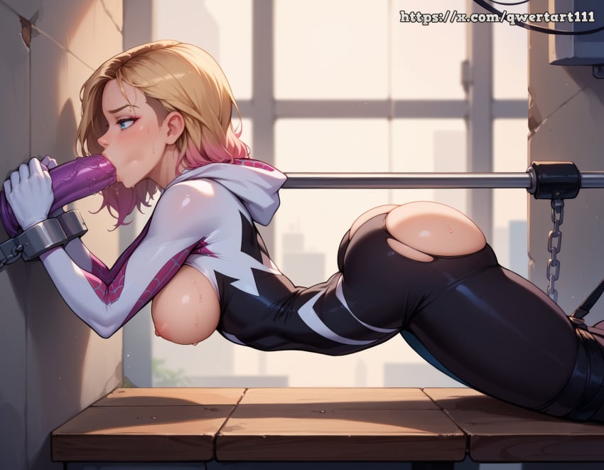 ai_generated ankle_cuffs ass blonde_hair blowjob blue_eyes breasts breasts_out bubble_butt clothed clothing curvy deepthroat dildo dildo_in_mouth fellatio female gwen_stacy helpless highres hourglass_figure huge_cock indoors laboratory large_breasts looking_down marvel marvel_comics narrow_waist qwertart restrained shiny_skin slim slim_waist solo spider-gwen spider-man spider-man_(series) stationary_restraints sucking_dildo sucking_penis sweat tagme tired torn_clothes torn_clothing torn_pantyhose wide_hips wrist_cuffs