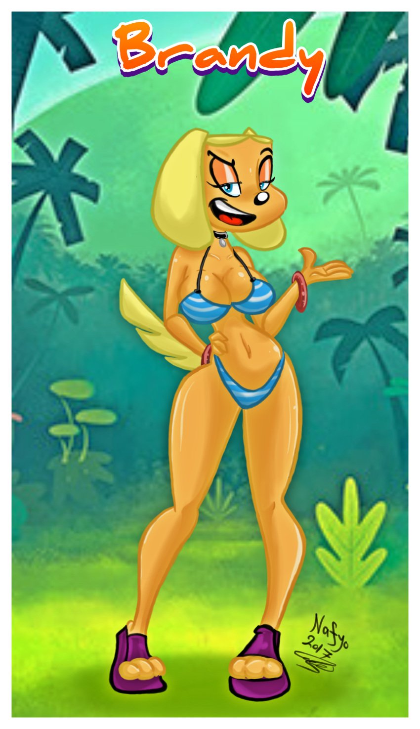 2017 3_toes anthro bikini black_nose blue_bikini blue_eyes bracelet brandy_&_mr_whiskers brandy_harrington breasts canine character_name cleavage clothed collar dated disney disney_channel dog english_text eyelashes feet female female_only full_body furry hand_on_hip highres jungle large_breasts looking_at_viewer mammal nafyo-toons navel open_toe_shoes outdoors sandals signature smile smirk solo standing tail text toes toon_disney