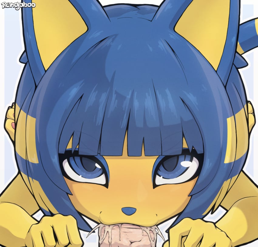 2024 animal_crossing ankha ankha_(animal_crossing) anthro biped blue_eyes blue_hair blue_nose bodily_fluids cum cum_in_mouth cum_inside digital_media_(artwork) disembodied_penis domestic_cat duo felid feline felis fingers genital_fluids genitals hair looking_at_viewer male mammal nintendo oral penis rengaboo sex solo_focus