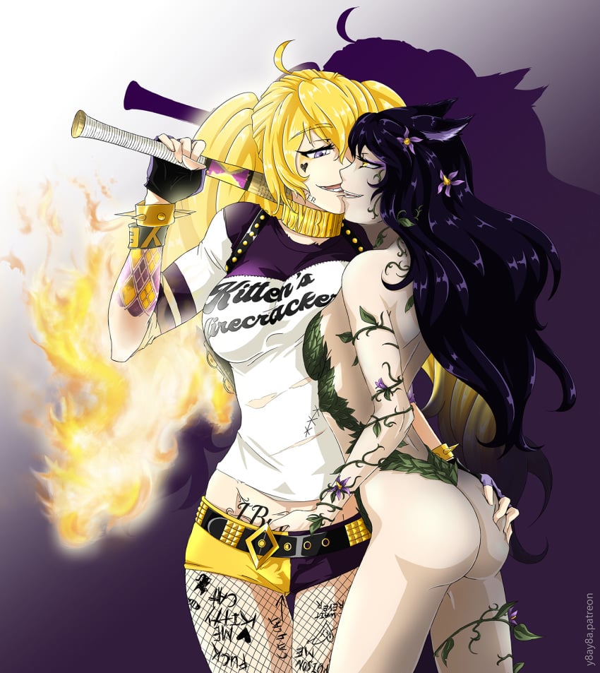 2girls ahoge animal_ears arched_back ass ass_grab bare_shoulders baseball_bat batman_(series) biting black_hair blake_belladonna blonde_hair breast_press breasts canon_couple cat_ears cosplay dc eye_contact eyeshadow fingerless_gloves fire fishnet_pantyhose fishnets flower gloves hair_flower hand_in_shorts harley_quinn harley_quinn_(cosplay) highres jewelry leotard long_hair makeup midriff multiple_girls pantyhose poison_ivy poison_ivy_(cosplay) purple_eyes rwby short_shorts shorts spiked_bracelet spikes suicide_squad tattoo torn_clothes torn_shirt twintails vines weapon yang_xiao_long yaya_(y8ay8a) yellow_eyes yuri