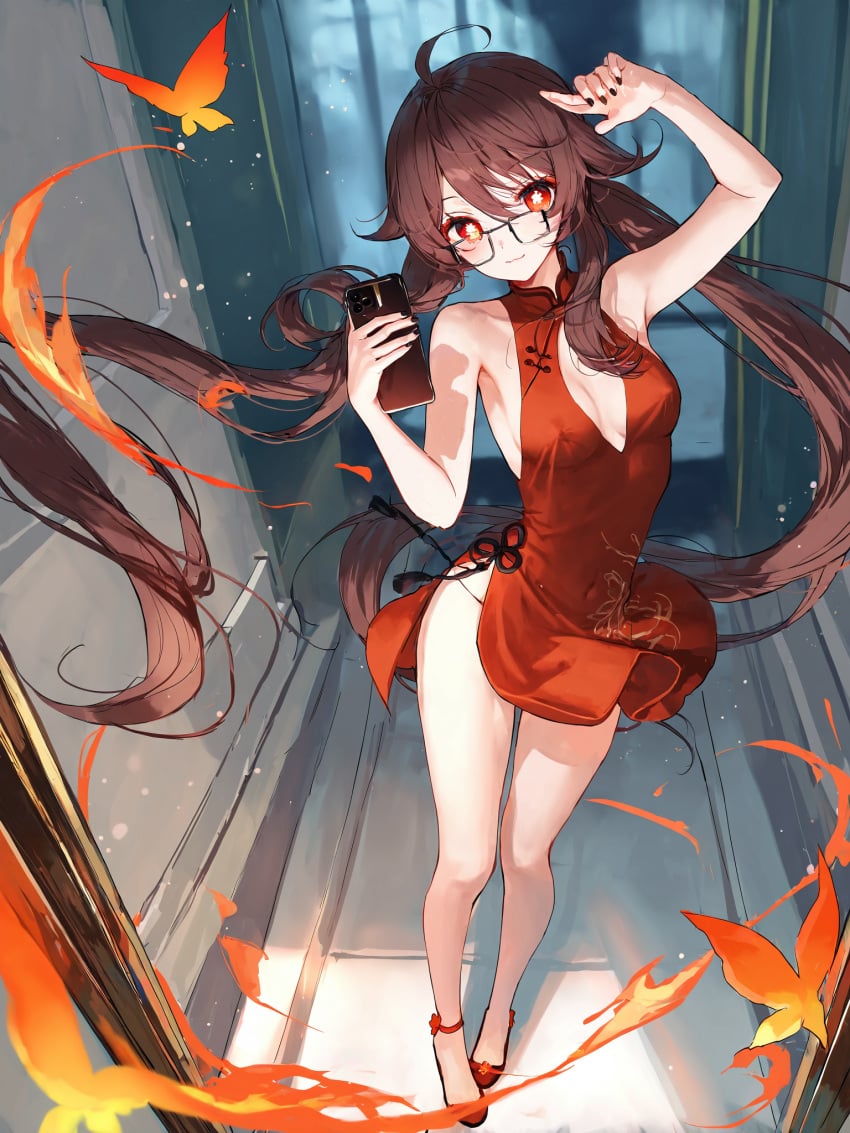 absurd_res ai_generated butterfly cellphone dress elegant_dress flames genshin_impact glasses hu_tao_(genshin_impact) medium_breasts ministro nipples nipples_visible_through_clothing no_bra phone selfie solo