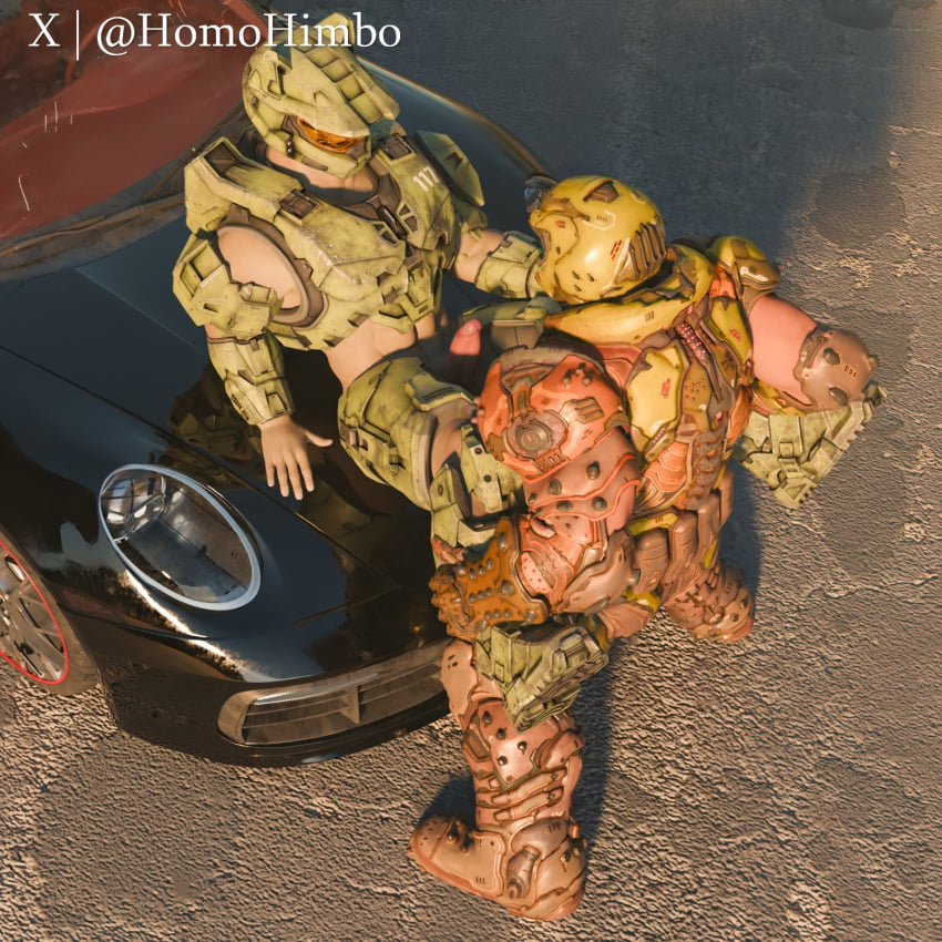 2boys 3d anal anal_sex armor armored_boots armored_male artist_name ass car cat_ears doom doom_slayer_(doom) gay gay_male halo halo_(game) halo_(series) homohimbo hunk master_chief masturbation muscle muscles penis