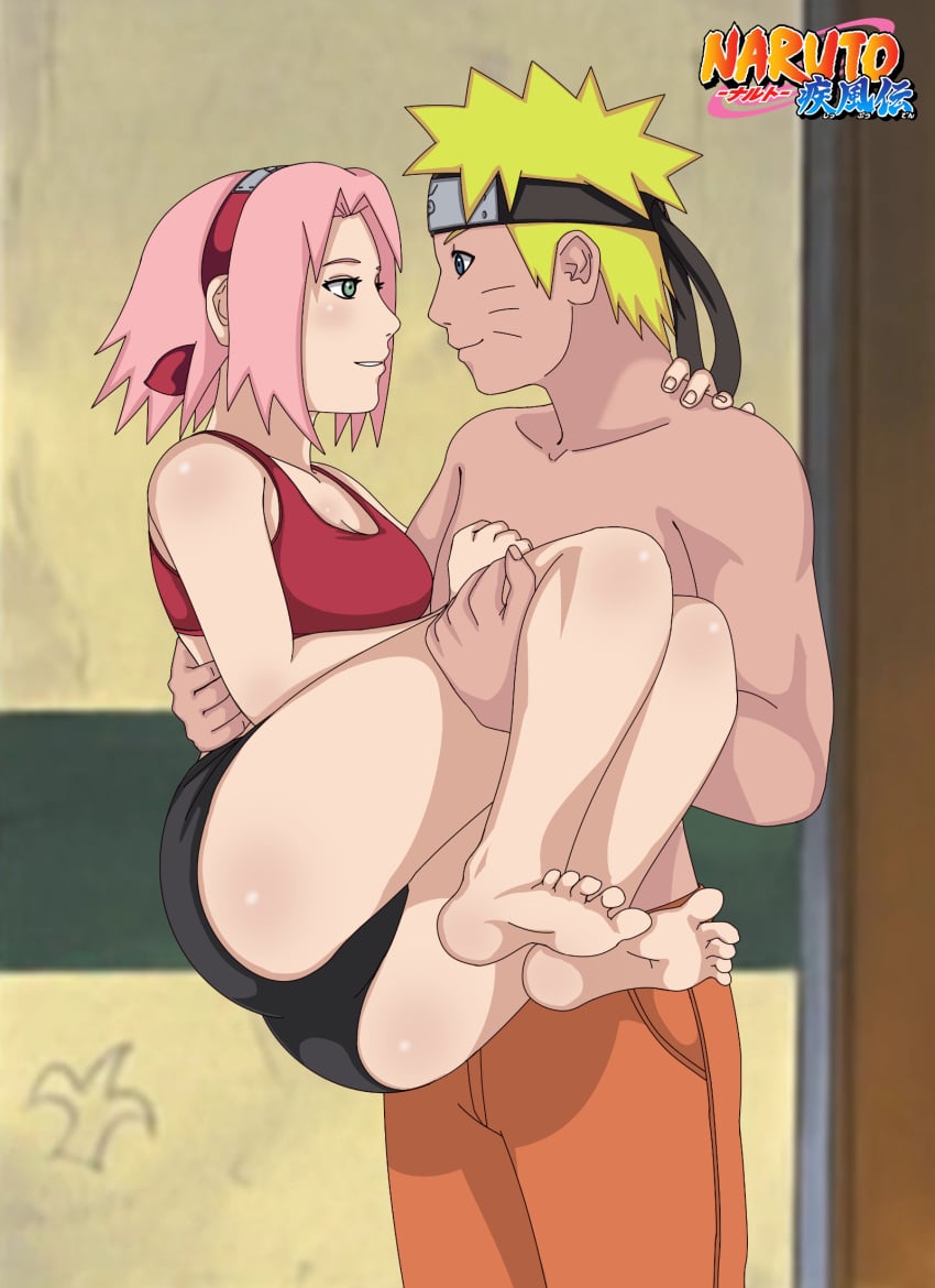 1boy 1girls barefoot before_sex bike_shorts blue_eyes blush carrying carrying_partner cleavage duo_focus feet green_eyes headband hi_res imminent_kiss konohagakure_symbol legs_together long_hair looking_at_another looking_at_each_other looking_at_partner maxx_saturn medium_breasts midriff naruto naruto_(series) naruto_shippuden navel pants pink_hair princess_carry romantic sakura_haruno shirtless shirtless_male short_hair shorts shoulder_length_hair smile sports_bra uzumaki_naruto watermark whisker_markings whiskers workout_clothes yellow_hair