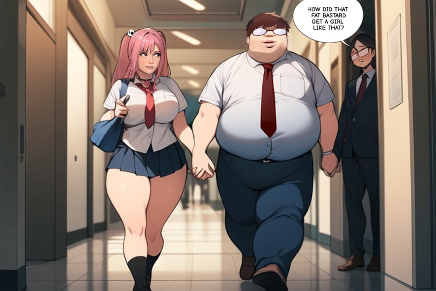 ai_generated big_breasts corridor fat_man honoka_(doa) large_ass large_breasts large_thighs pink_hair school school_uniform ugly_man