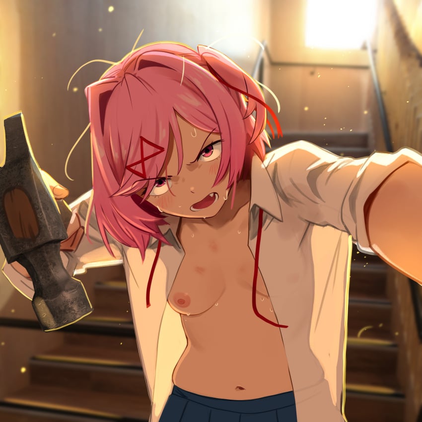 1girls 2024 alternate_version_available angry angry_face belly belly_button blush blushing cleavage covered_nipples cute doki_doki_literature_club english_text female female_only funny hammer hickey hickey_marks human khyleri meme natsuki_(doki_doki_literature_club) nipples page_2 pink_eyes pink_hair pov ribbon sayori_(doki_doki_literature_club) school solo state_of_undress sweat text threatening unbuttoned_shirt visible_nipples yuri