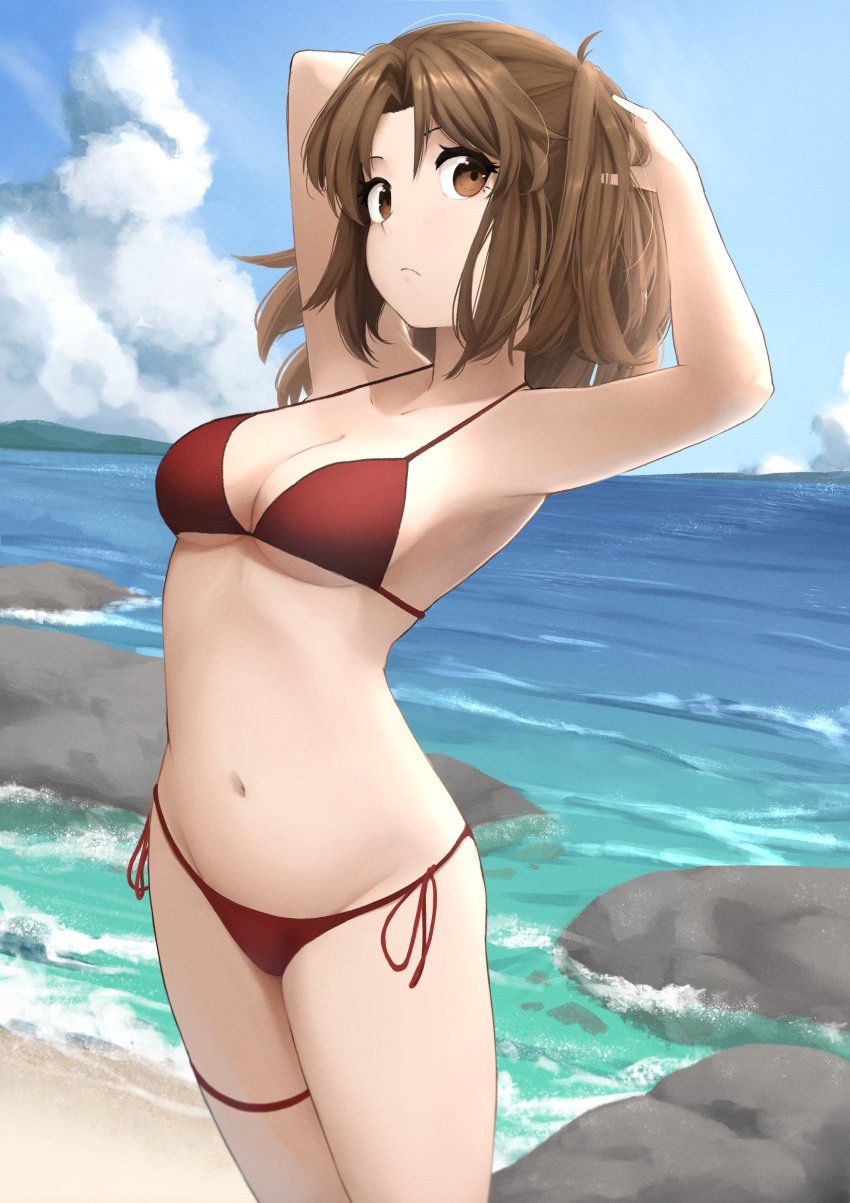 absurdres alternate_costume armpits arms_up beach bikini blue_sky breasts brown_eyes brown_hair cleavage commentary commission english_commentary fav_faris female highres long_hair looking_at_viewer medium_breasts navel ocean outdoors red_bikini sand sky solo stomach swimsuit tsukihime twintails water yumizuka_satsuki