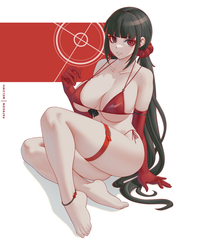 1girls absurdres anklet artist_name bare_shoulders barefoot big_breasts bikini black_hair blunt_bangs breasts buckle busty cleavage closed_mouth collarbone danganronpa danganronpa_v3 elbow_gloves female full_body gloves hair_ornament hair_scrunchie harukawa_maki highres hourglass_figure huge_breasts jewelry large_breasts long_hair looking_at_viewer low_twintails melowh mole mole_under_eye red_bikini red_eyes red_gloves red_ribbon ribbon scrunchie side-tie_bikini_bottom sitting skindentation solo swim_ring swimsuit thigh_strap twintails two-tone_background v-shaped_eyebrows very_long_hair voluptuous voluptuous_female