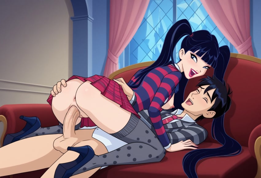 1boy 1girls ai_generated ass bottomless_male breasts_out clothed_sex cowgirl_position leggings looking_at_ass moaning musa_(winx_club) nickelodeon no_panties ponytails rainbow_(animation_studio) school school_uniform sex sitting_on_penis winx_club