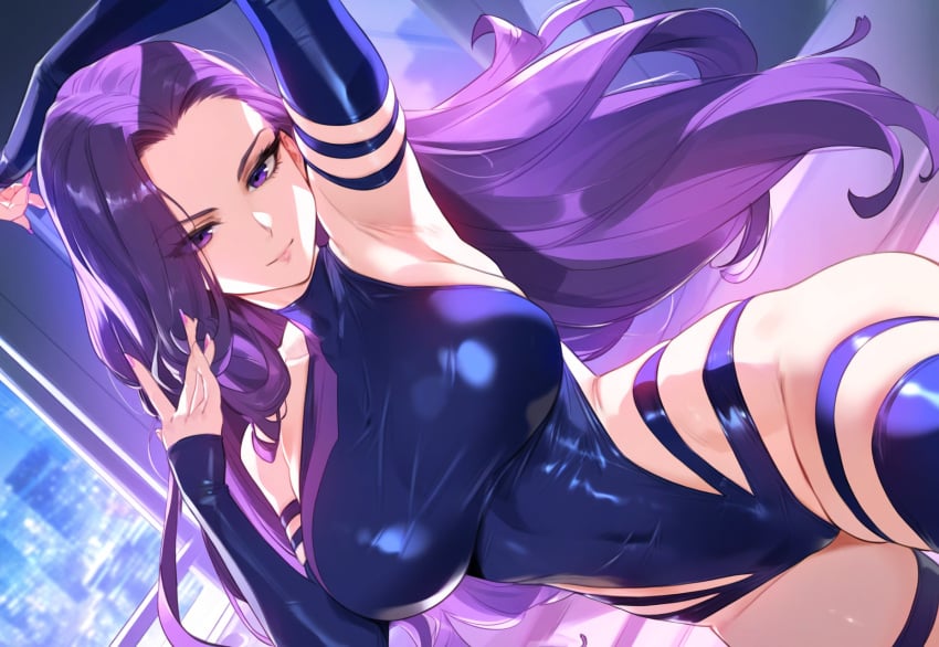 1girls ai_generated ded_173 leotard marvel marvel_comics marvel_rivals mutant_(marvel) psylocke psylocke_(marvel_rivals) purple_eyes purple_hair sai_(marvel) superhero_costume thighs x-men