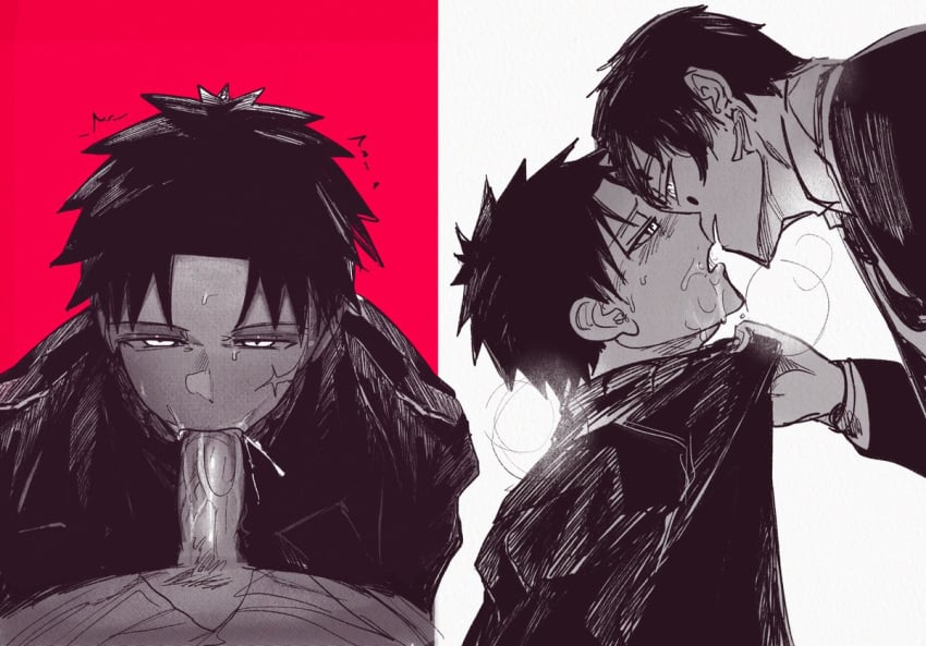 2boys age_difference almost_kissing blowjob blowjob_face blowjob_pov chihiro_rokuhira color cum_in_mouth cum_on_mouth expressionless fully_clothed gay holding_shirt john_hishaku kagurabachi katsutentacle lidded_eyes looking_at_partner male/male monochrome powerless red red_background shaking steamy_breath sultry_eyes twitch_lines twitching white white_background yaoi yura_(kagurabachi)