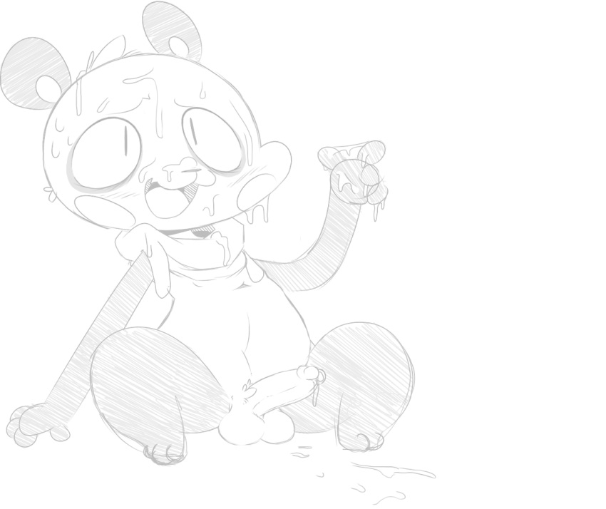 anthro balls bear cum cum_everywhere cum_on_self erection lemon_smoothie male male_only mammal messy monochrome original_character panda penis scarf simple_background