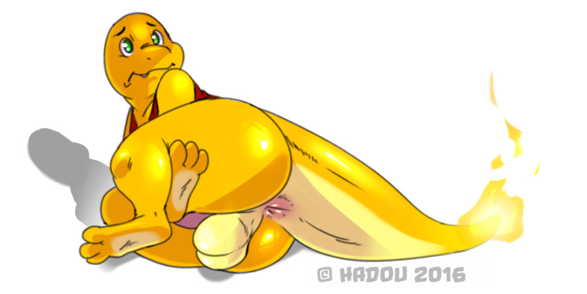 1boy 2016 3_toes anthro anus ass bottomless charmander clothed clothing crossed_legs digital_media_(artwork) erection fang feet fire flaming_tail green_eyes hadou large_ass large_testicles lizard looking_back looking_up lying male male_only nervous nintendo on_side orange_skin original_character penis pokémon_(species) pokemon pokemon_rgby reptile satsui-n0-had0u scalie shadow shiny_charmander shiny_pokemon shirt signature solo tail tank_top tapering_penis teeth testicles text thick_thighs video_games watermark white_background wide_hips