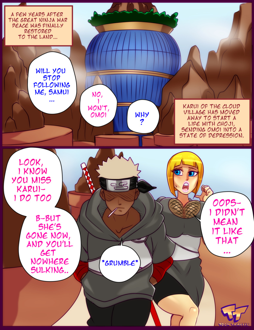 blonde_hair comic dark-skinned_male dark_skin english_text female interracial large_breasts naruto naruto_shippuden omoi raldu samui text