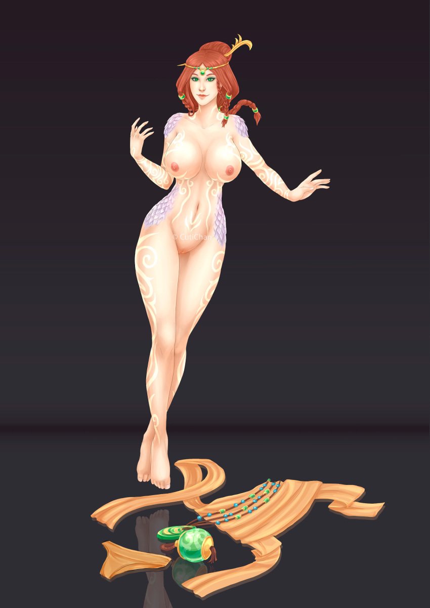 1girls areolae braided_hair breasts clothes_on_floor clothes_removed cuti-chan female female_only floating green_eyes jewelry long_hair monster_girl nipples notcuti nu_wa_(smite) nude orange_panties panties panties_removed pussy red_hair scales smite solo