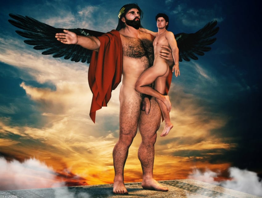 2016 3d ass balls beard chest_hair deity duo feathered_wings flaccid ganymede gay greek_mythology hairy_chest hairy_legs human lex-icon male muscles nipples nude penis pubes public_domain rapist rapist_real size_difference spread_wings uncut zeus