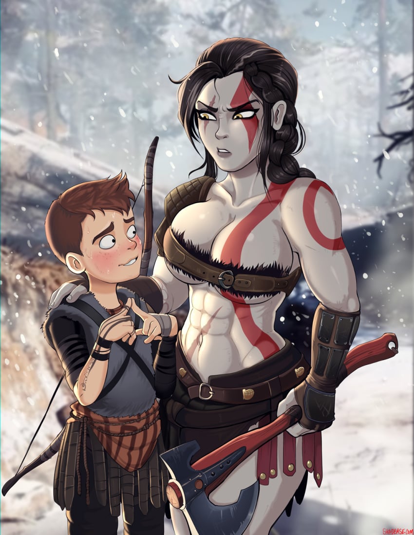 1boy 1girls abs age_difference atreus axe big_breasts breasts caught_staring cleavage clothing father_and_son female genderswap genderswap_(mtf) god_of_war hourglass_figure human kratos kratos_(female) male muscular_female rule_63 scar shadman standing teen_boy voluptuous weapon wide_hips