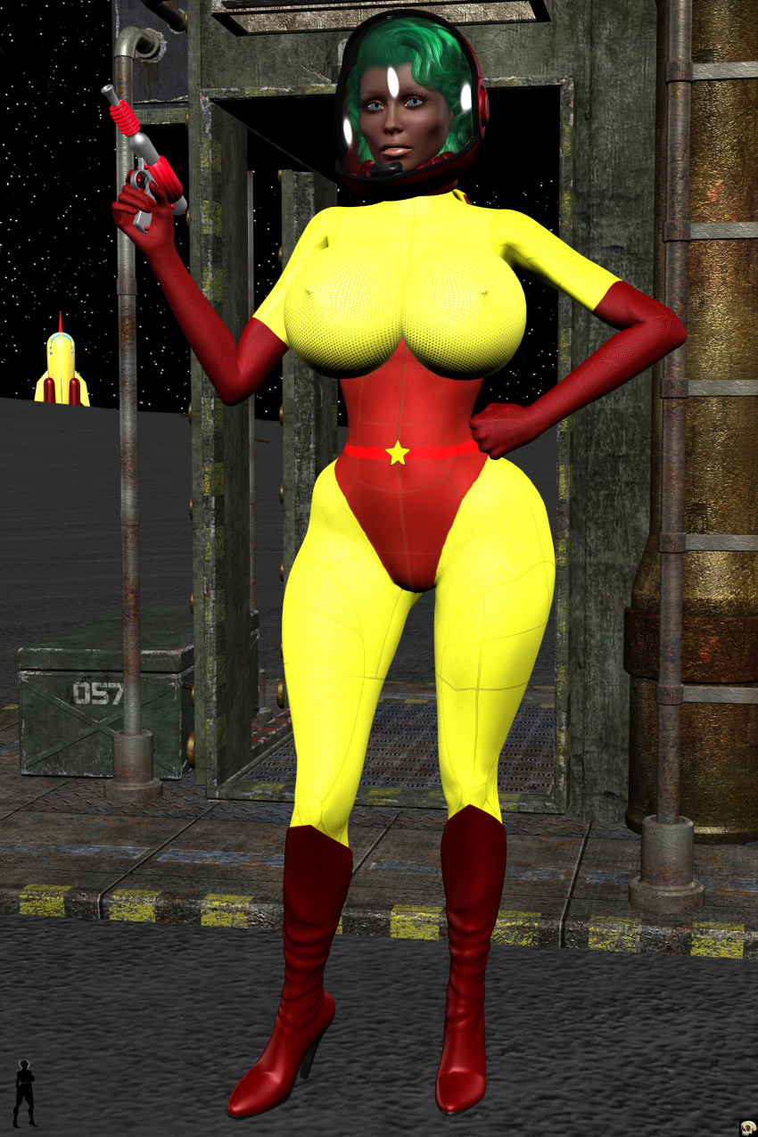 1girls 3d big_breasts blue_eyes bodysuit busty cleavage curvy detailed_background elbow_gloves erect_nipple erect_nipples eyelashes female female_only front_view gloves green_hair helmet high_heel_boots high_heels holding_object hourglass_figure human leotard nipple_bulge original_character outdoor outside pose posing red_gloves short_hair solo space standing thong voluptuous weapon wide_hips xskullheadx