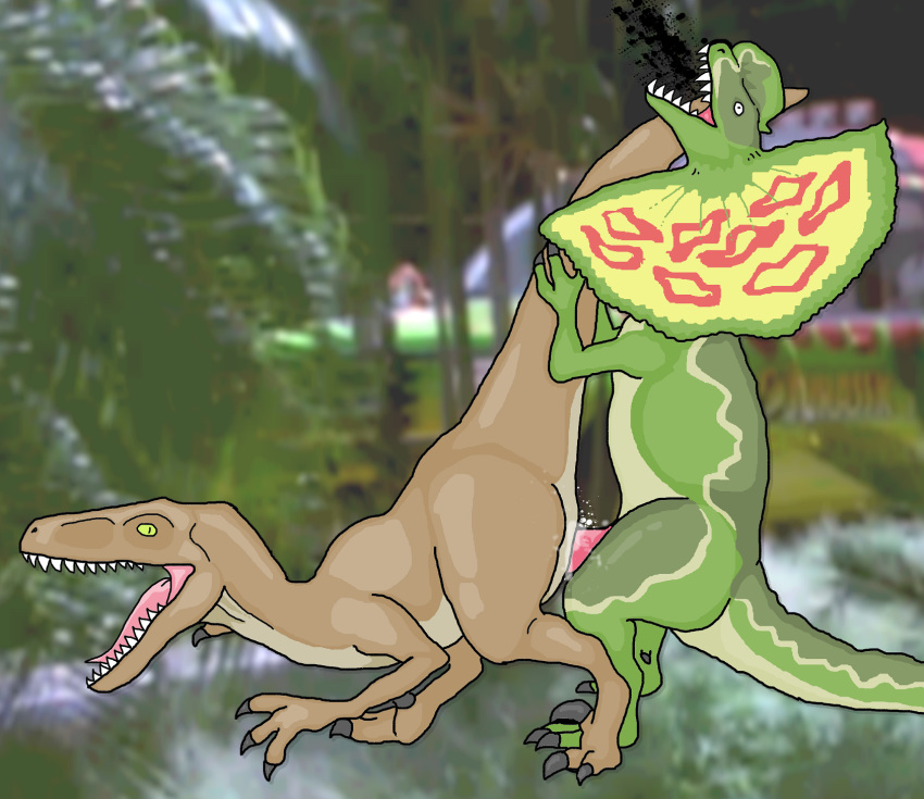 brown_skin claws crest cum cum_inside dilophosaurus dinosaur dinosaurs feral feral_on_feral frill green_skin interspecies jurassic_park penis photo_background plaguetyranno sharp_teeth tail velociraptor