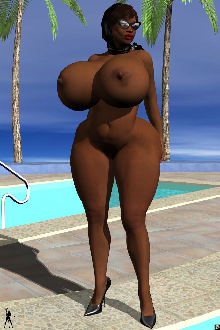 1girls 3d bare_shoulders big_breasts breasts brown_hair busty cleavage curvy dark-skinned_female dark_skin day detailed_background erect_nipple erect_nipples eyelashes female female_only front_view glasses hairy_pussy high_heels hourglass_figure human lipstick makeup naked naked_footwear naked_heels nude outdoor outside pool pose posing pubes pubic_hair red_lipstick shadow sharman shiny shiny_skin short_hair solo standing sunglasses tree voluptuous water wide_hips xskullheadx