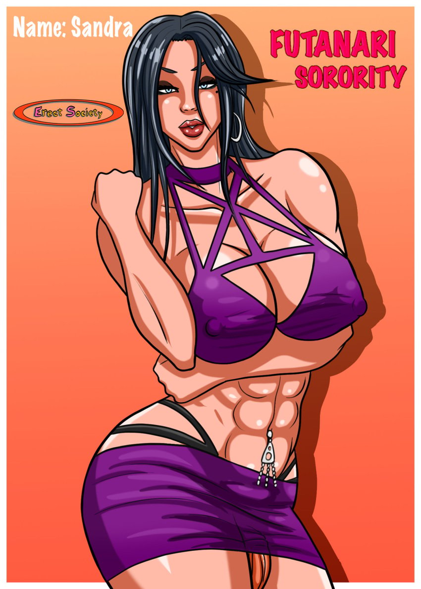 1futa 2d 2d_(artwork) abs alekerectsociety areola_bulge areolae artist_name big_lips black_hair black_haired_futa blue_eyed_futa blue_eyes bra breasts character_name character_sheet cleavage clothing digital_drawing_(artwork) digital_media_(artwork) earrings futa_only futanari futanari_sorority halter_bra halterneck intersex large_breasts light-skinned_futanari light_skin long_hair looking_at_viewer midriff miniskirt muscles muscular muscular_futanari navel_piercing nipple_bulge nipples orange_background penis_tuck purple_bra purple_clothing purple_miniskirt sandra_(alekerectsociety) solo solo_futa tagme toned toned_futa video_game_character video_game_franchise visual_novel white_border