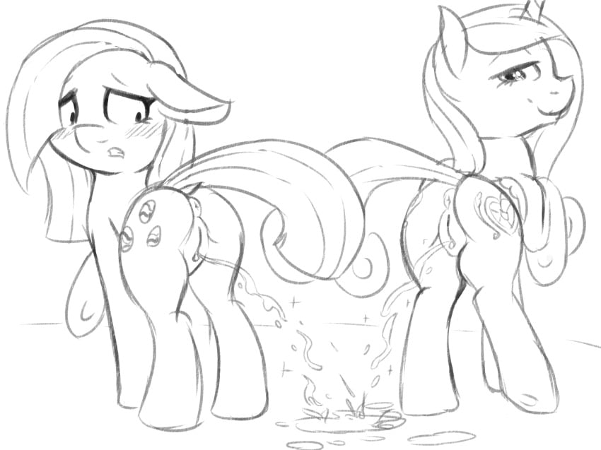 2016 4:3 alicorn animal_genitalia animal_pussy anus ass blush cutie_mark duo earth_pony equine equine_pussy fearingfun feathered_wings feathers female feral friendship_is_magic hair hooves horn horse long_hair looking_at_viewer mammal marble_pie_(mlp) monochrome my_little_pony peeing pony princess_cadance_(mlp) pussy smile urine watersports wings