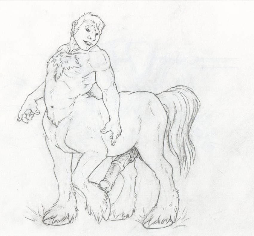 2015 animal_genitalia animal_genitalia_on_humanoid animal_penis athletic body_hair centaur chest_hair equine equine_penis equine_taur erection greyscale hooves horsecock horsecock_on_humanoid male male_only mammal medial_ring monochrome navel neverwolf nude pencil_(artwork) penis sheath solo standing taur traditional_media_(artwork)