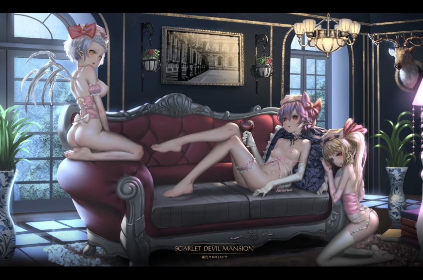 3girls alcohol areolae ass barefoot bone bottomless breasts character_request corset feet female flandre_scarlet garter garter_belt high_resolution hk_(artist) large_breasts large_filesize legs lingerie multiple_girls nipples no_bra nopan open_clothes open_shirt pointy_ears red_eyes remilia_scarlet small_breasts stitches tagme thighhighs touhou transparent very_high_resolution wings yellow_eyes