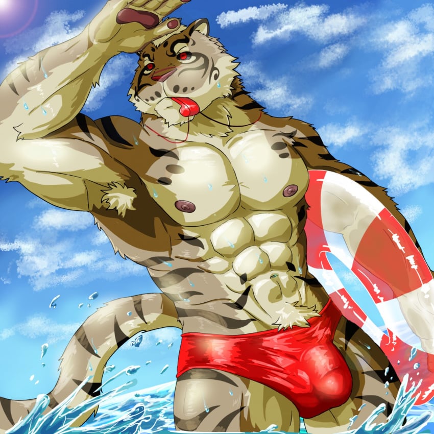 1boy abs anthro areola armpit_hair barazoku biceps bulge clothing feline fur lifeguard male male_only mammal manly muscular navel nipples outside pawpads paws pecs red_eyes solo speedo standing sun swimsuit thick_thighs tiger triceps water weedwolf wet whistle