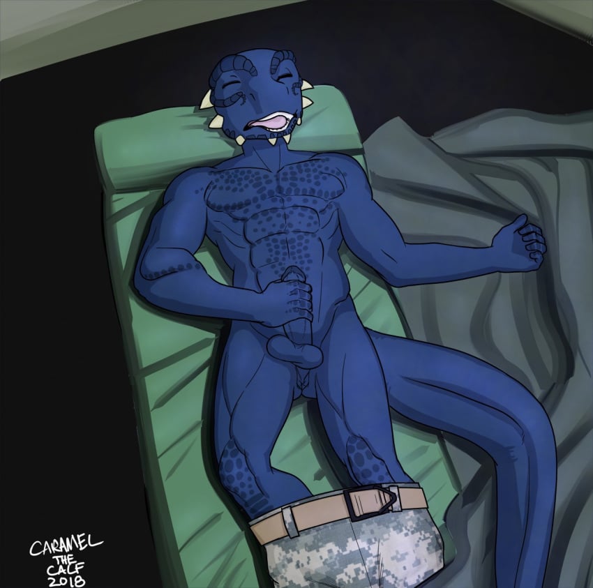 1boy argonian army blue_scales camo closed_eyes clothed clothing humanoid_penis male male_only masturbation military pants_down partially_clothed penis scales scalie sleepig_bag soldier solo stevefarfan tent the_elder_scrolls tristen video_games