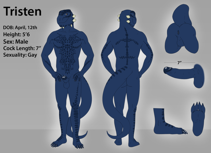 2016 4_toes anthro archshen argonian ass balls blue_scales brown_eyes english_text erection humanoid_penis male model_sheet nude pecs penis scales scalie simple_background smile soles solo standing text the_elder_scrolls toes tristen video_games yaoi