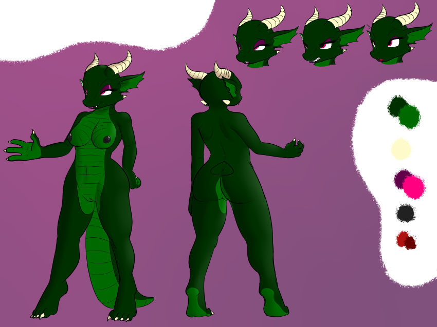 4:3 anthro breasts claws dragon female green_scales horn kyrie_eleison model_sheet nipples pussy red_eyes scales scalie simple_background solo toes