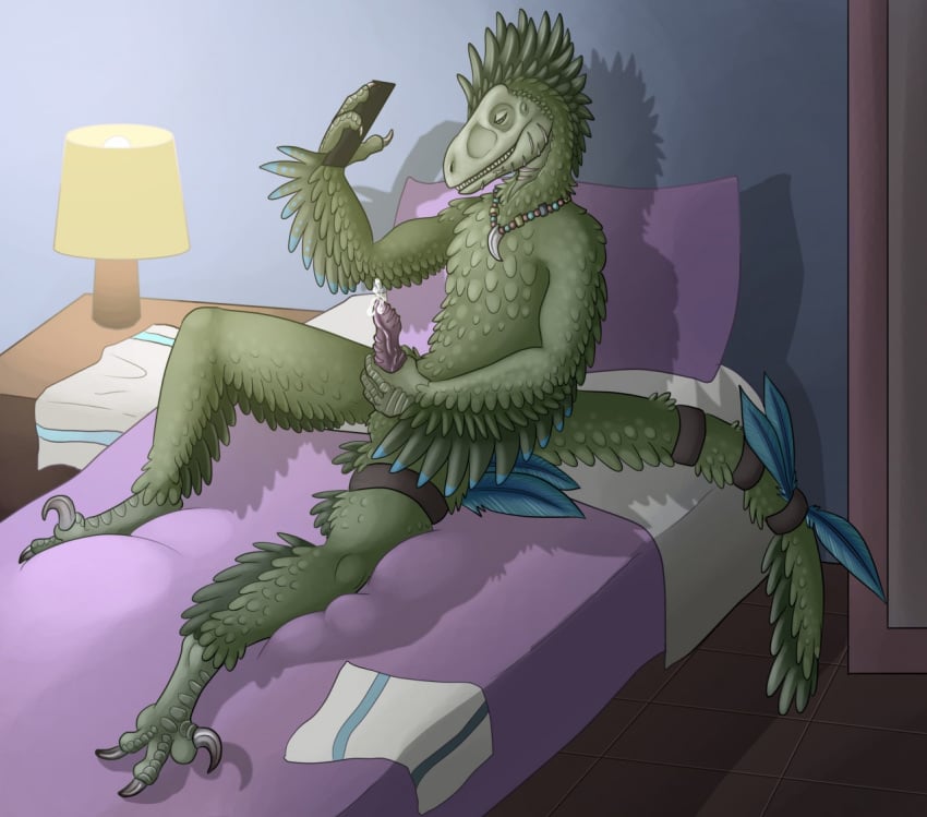 anthro avian bed cum dinosaur feathers lithulraptor looking_pleasured male penis phone raptor selfie solo theropod