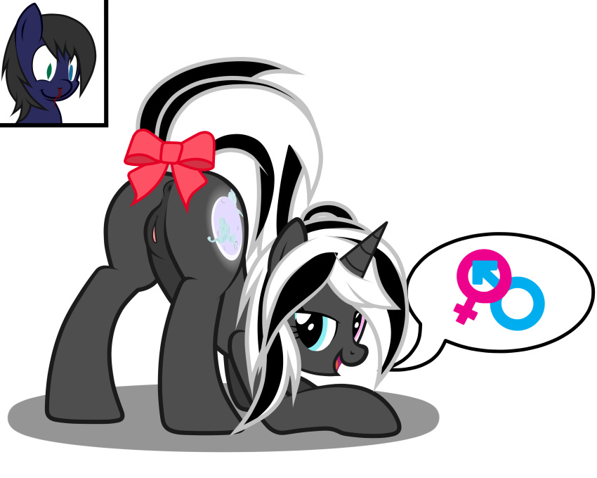 2015 5:4 alpha_channel anus ass blood cutie_mark duo equine fan_character female feral hair heterochromia horn horse junkiesnewb looking_at_viewer mammal multicolored_hair my_little_pony nosebleed nude open_mouth pony presenting presenting_hindquarters presenting_pussy pussy ribbons simple_background tail_bow tail_ribbon transparent_background two_tone_hair