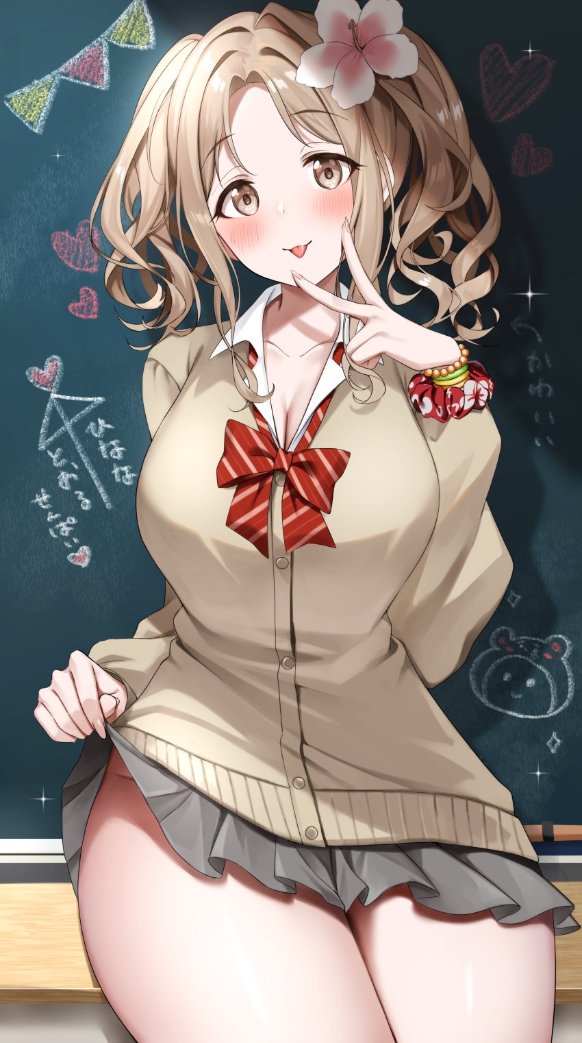 :o absurdres ai_ai_gasa bare_legs blush bracelet breasts brown_cardigan brown_hair cardigan chalk_drawing chalkboard check_commentary cleavage clothes_lift collarbone commentary_request doodle_inset female flower gawawawa grey_skirt groin gyaru hair_flower hair_ornament hibiscus highres ichikawa_hinana idolmaster idolmaster_shiny_colors jewelry kogal large_breasts lifting_own_clothes long_hair long_sleeves looking_at_viewer miniskirt no_panties open_collar pleated_skirt school_uniform scrunchie shirt skirt skirt_lift solo thick_thighs thighs translated twintails v v_over_mouth white_shirt wrist_scrunchie