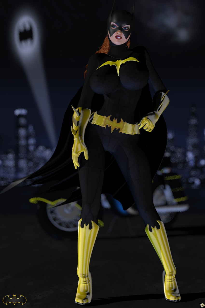 1girls 3d barbara_gordon batcycle batgirl batman_(series) belt big_breasts bike bodysuit boots busty curvy dc dc_comics detailed_background erect_nipple erect_nipples eyelashes female female_only front_view gloves green_eyes hand_on_hip hands_on_hip hands_on_hips high_heel_boots high_heels hourglass_figure human lipstick long_hair looking_at_viewer makeup mask night nipple_bulge outdoor outside pose posing red_hair red_lipstick solo spread_legs spreading standing superheroine voluptuous wide_hips xskullheadx yellow_gloves