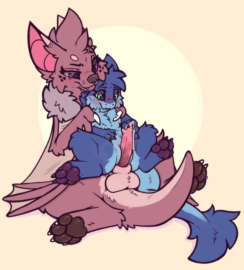 animal_genitalia anthro anthro_on_anthro balls bat blep blue_body blue_eyes blue_fur bodily_fluids claws duo female fluffy fruit_slice_(yurusa) fur genital_fluids genitals grinding harzipan hi_res larger_male male male/female mammal multicolored_body neck_tuft pawpads paws penis pink_body pink_fur precum purple_eyes pussy pussyjob semi-anthro sex size_difference smaller_female tongue tongue_out tuft two_tone_body yurusa