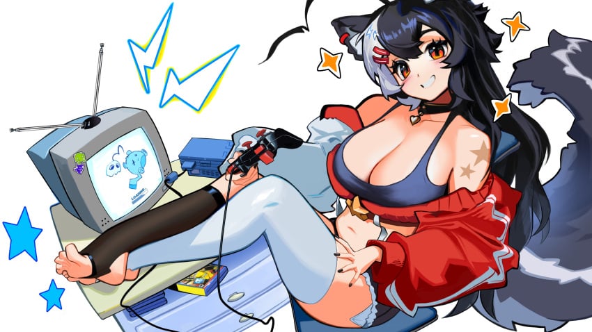 +_+ animal_ear_fluff animal_ears bag bandaid bangs bare_shoulders black_choker black_hair black_legwear blue_shorts blush breasts choker cleavage controller crop_top cross female game_controller grin hair_ornament holding jacket large_breasts long_hair long_sleeves looking_at_viewer midriff momotexx_(vtuber) multicolored_hair navel nintendo_switch off_shoulder open_clothes open_jacket orange_eyes red_eyes short_shorts shorts sitting smile solo sparkle star_(symbol) star_earrings star_hair_ornament star_necklace star_print starfish starry_background tail thighhighs vyugen wolf_ears wolf_tail