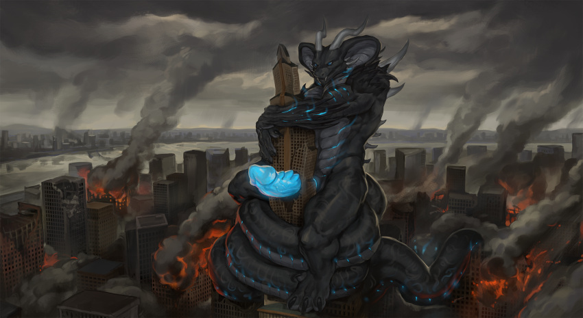 5_fingers abs anthro balls biceps big_tail blue_eyes bodily_fluids building building_destruction building_penetrated building_sex burning burning_building city city_destruction cityscape claws cobra destruction digital_media_(artwork) elkaart erection feet finger_claws fingers genital_fluids genitals glowing glowing_eyes glowing_genitalia glowing_markings glowing_penis grey_body hi_res horn huge_tail humanoid_genitalia humanoid_penis kai'nek_(pyronite) kaiju macro macro_anthro macro_male male markings muscular muscular_anthro muscular_male nude outside pecs penetration penile penis pyronite(commissioner) rampage reptile scaled_penis scalie sex sky smile snake solo tail tail_wraps teeth toe_claws toes wraps