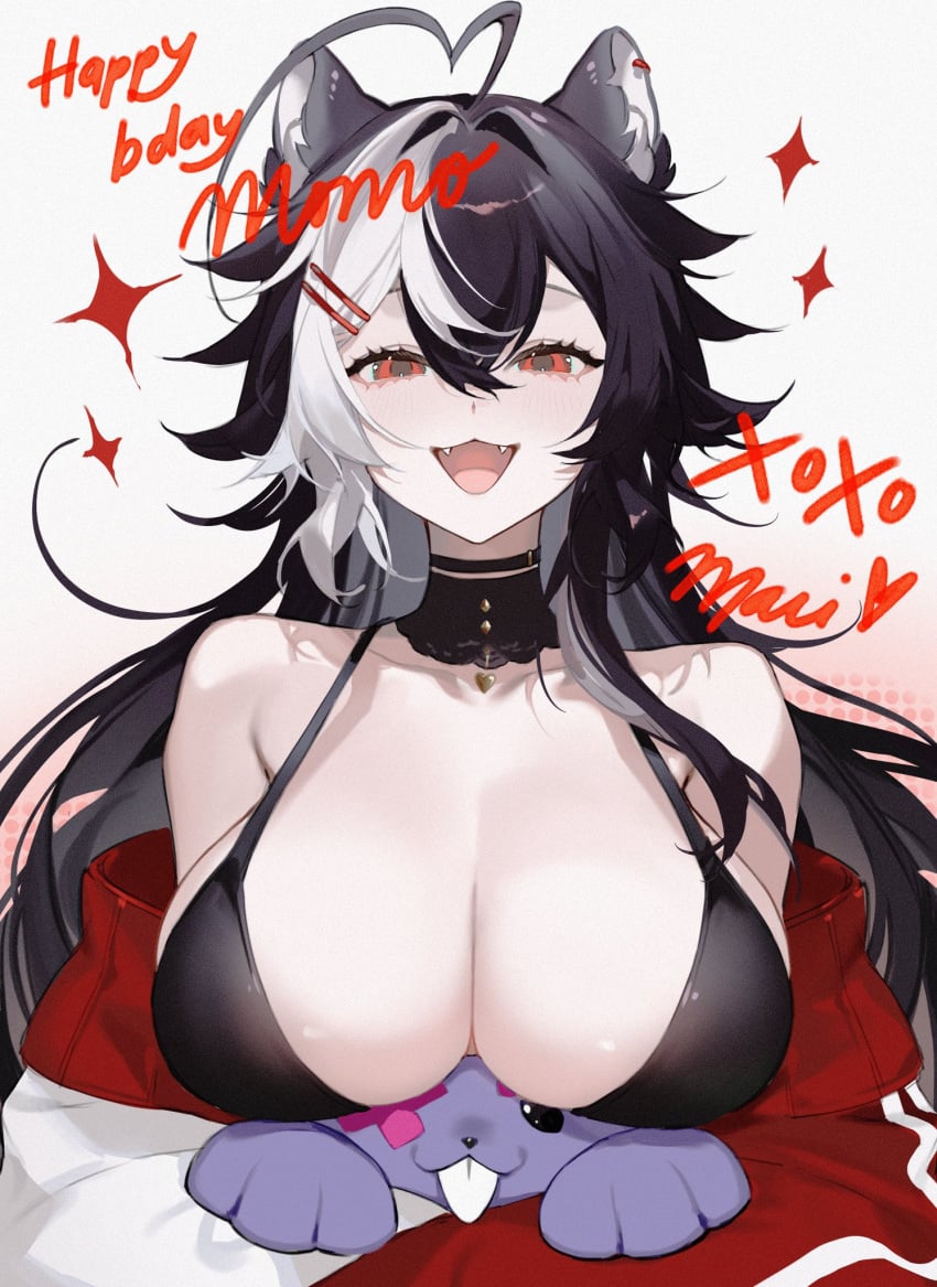 :d ahoge animal_ear_fluff animal_ears bangs bare_shoulders bikini black_bikini black_choker black_hair blush breast_rest breasts choker cleavage crossed_bangs fangs female hair_between_eyes hair_ornament hairclip huge_breasts jacket large_breasts long_hair looking_at_viewer momotexx_(vtuber) multicolored_hair oerba_yun_fang off_shoulder open_mouth red_jacket silver_hair smile solo sparkle streaked_hair stuffed_toy swimsuit upper_body very_long_hair vyugen wolf_ears