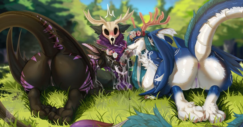 2025 4_toes anthro anthro_on_anthro antlers anus ass balls black_body black_tail blue_body blue_fur blue_hair blue_tail blush bodily_fluids bone breasts claws cocoline_(artist) cum cum_in_mouth cum_inside cum_on_balls cum_on_face cum_on_penis cum_on_self day digital_media_(artwork) dragon feet fellatio female forest front_view fur genital_fluids genitals group hair hi_res horn male male/female mammal mythological_creature mythological_scalie mythology open_mouth oral outside penile penis plant purple_eyes pussy rear_view scalie sex skull skull_head sky tail teeth toe_claws toes tongue tongue_out tree trio wings