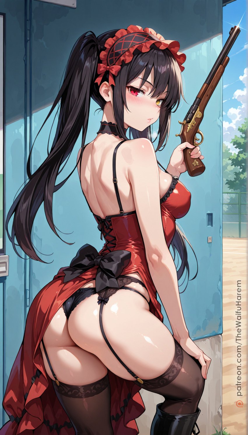 ai_generated anime_girl ass black_hair blush breasts choker date_a_live gun heterochromia looking_at_viewer looking_back red_eyes thewaifuharem tokisaki_kurumi twintails yellow_eyes