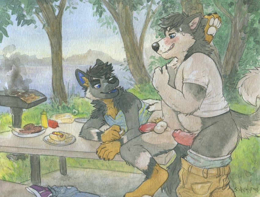 2boys anal anal_sex anthro anthro_on_anthro balls blue_eyes blue_tongue blush bottomless brown_fur canine clothed clothing cooking erection food fur gay grey_fur grey_tail grin hot_dog humanoid_penis husky male male_only mammal multicolored_fur outside pants_down partially_clothed pawpads penetration penis picnic pink_penis pubes public shallow_penetration sicklyhypnos slightly_chubby smile traditional_media_(artwork) two_tone_fur white_balls white_pawpads yaoi