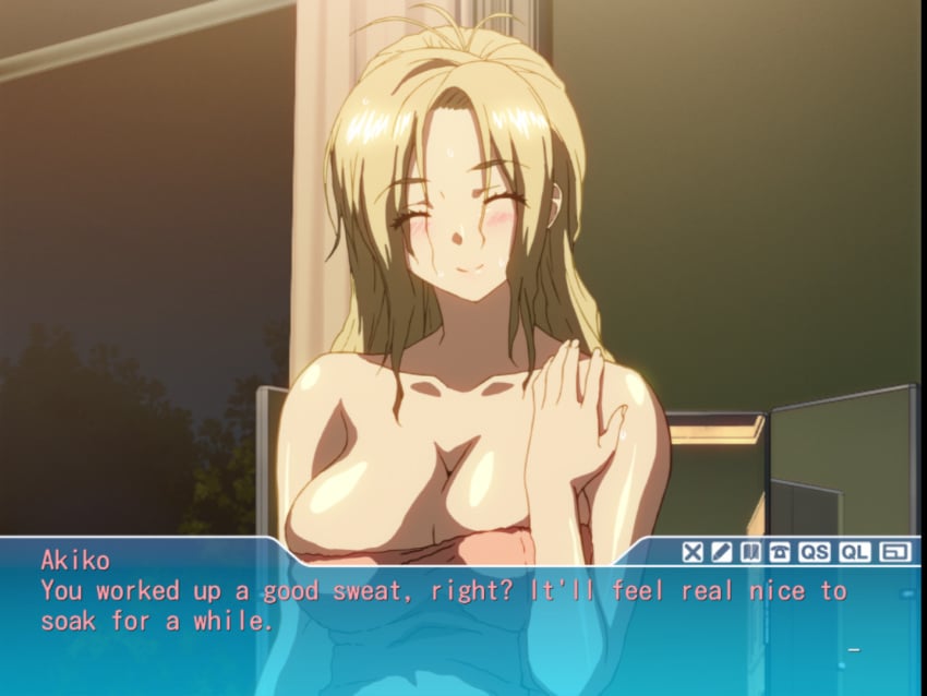 1440x1080 1boy 1girls 2010s 2011 age_difference barefoot blonde_eyebrows blonde_hair blue_eyes blush breasts cleavage dresser feet female female_focus fingernails game game_cg highres huge_breasts indoors interior jellyfish_(company) kamimura_akiko keisuke_(sisters) kouzaka_kouhei leaves long_hair male mature_female mirror naked_towel older_woman_and_younger_man orange_towel sisters_~natsu_no_saigo_no_hi~ sky smile smiley_face solo step-incest stepmother stepmother_and_stepson taki_minashika toenail toenails toes towel tree visual_novel water water_drop wet_breasts window