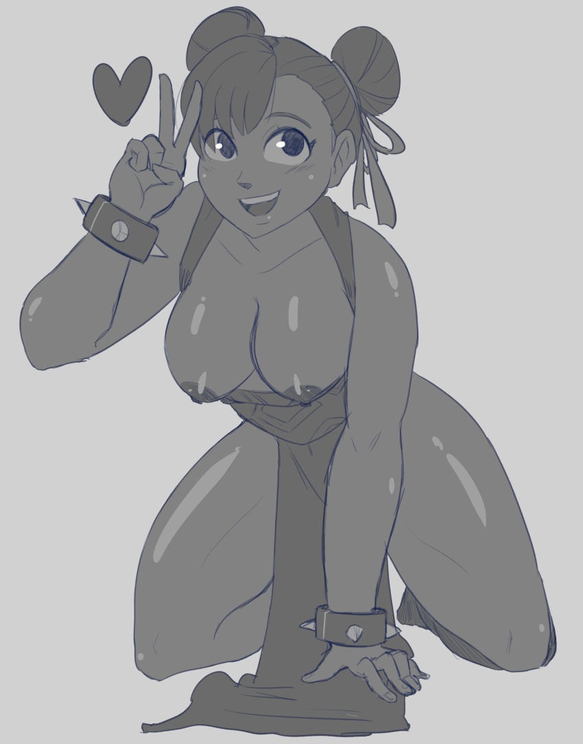 1girls breasts breasts_out chun-li donutsecret female female_only gesture greyscale hair_buns happy nipples sketch solo street_fighter tagme v