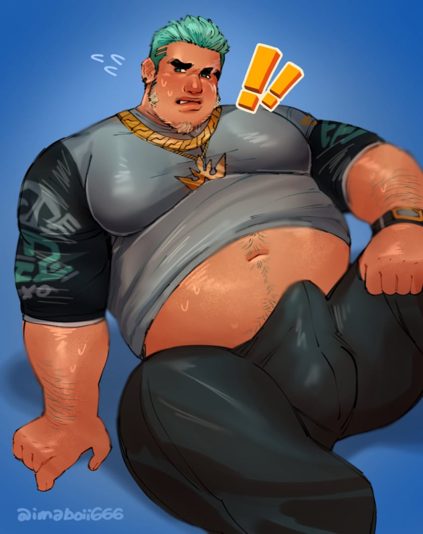 !! 1boy 2d 2d_(artwork) arm_hair artist_name averting_eyes belly belly_hair big_belly blue_background body_hair boner boner_in_pants bulge bulge_through_clothing chubby chubby_male clothed clothing english_text erection erection_under_clothes erection_under_clothing exclamation_point eyebrow_slit facial_hair fat fat_man fortnite fortnite:_battle_royale gay goatee gritted_teeth gritting_teeth hand_on_floor hand_on_ground hand_on_leg happy_trail imaboii666 legs_apart looking_away looking_away_from_viewer male male_only moobs mutton_chops necklace no_visible_genitalia pecs presenting presenting_bulge shirt_lift solo solo_focus solo_male sweat sweaty teal_hair text vik_vyce watermark wristwatch