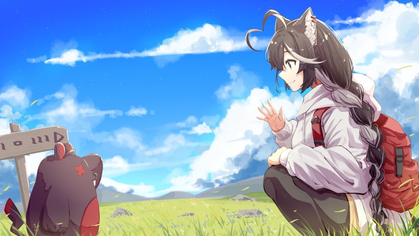 ahoge animal animal_ear_fluff animal_ears bangs black_hair blue_sky braid brown_eyes brown_hair closed_mouth cloud cloudy_sky day female field grass hair_between_eyes jacket long_hair long_sleeves momotexx_(vtuber) multicolored_hair outdoors pants profile shirt single_braid sitting sky smile streaked_hair tail twin_braids two-tone_hair virtual_youtuber vyugen white_jacket