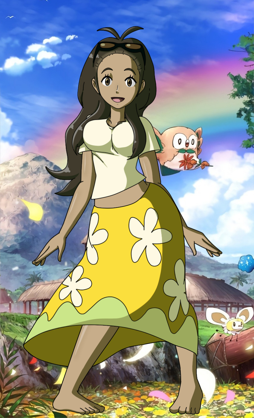 1girls ambiguous_gender barefoot beak big_breasts blue_background breasts brown_eyes claws clothed clouds cosmog cutiefly dark-skinned_female dark_skin eyelashes fairy feet female floating flying grass human human_only insect long_hair looking_at_viewer midriff milf mother mother_(pokemon_sm) nintendo open_mouth outdoors owl pokemon pokemon_(species) pokemon_sm rainbow rowlet shirt skirt sky smile solo_focus standing sunglasses toes tongue wings