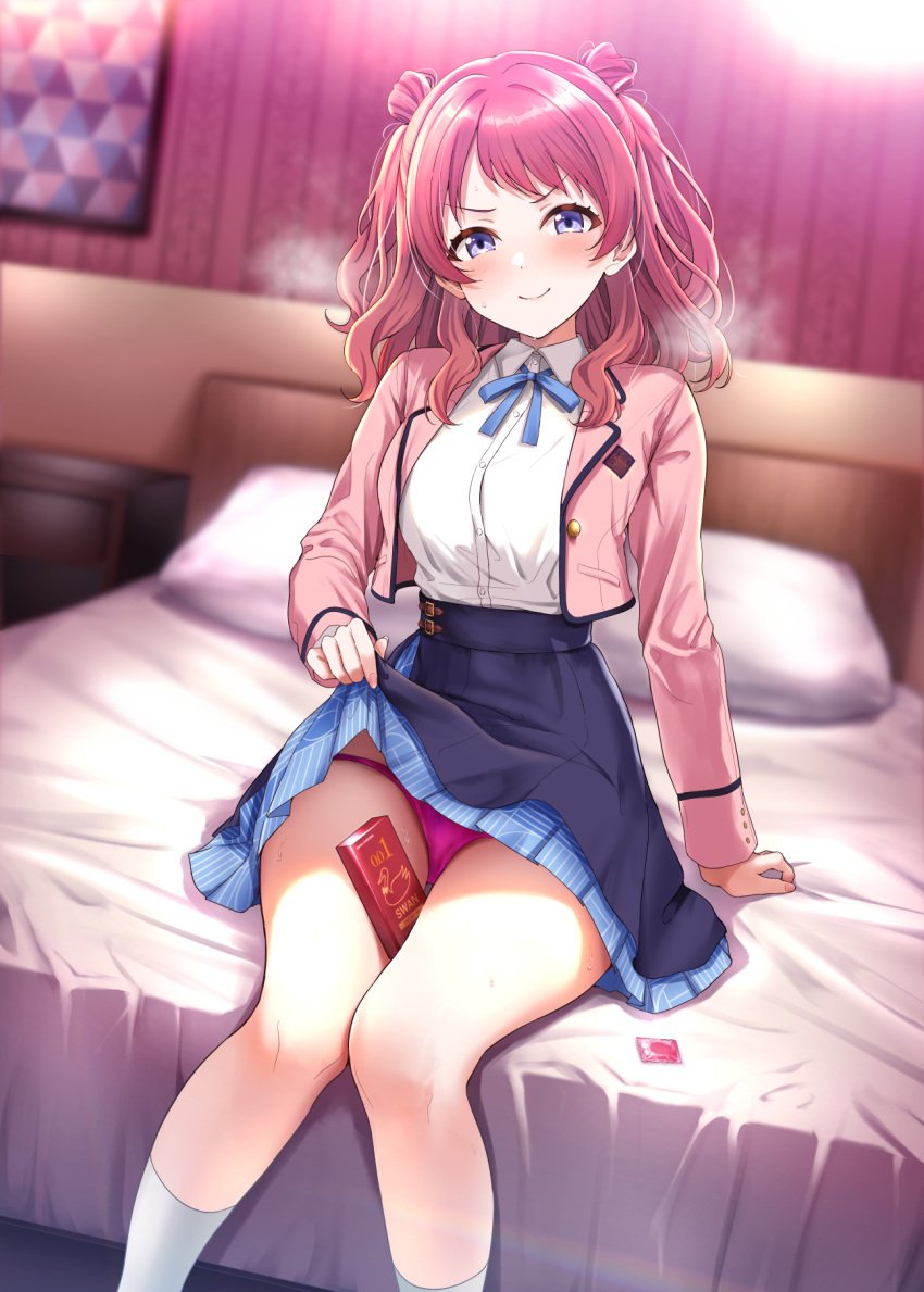 amagasa_ikuta anklehighs blue_bow blue_bowtie blue_eyes blue_skirt blurry blurry_background blush bow bowtie box breasts breath buttons closed_mouth clothes_lift condom condom_wrapper cowboy_shot crew_socks cropped_jacket double_bun female gakuen_idolmaster hair_bun hanami_saki high-waist_skirt highres idolmaster jacket knees_together_feet_apart layered_skirt lifting_own_clothes looking_at_viewer medium_breasts medium_hair on_bed open_clothes open_jacket panties pink_jacket pink_panties red_hair school_uniform shirt sitting skirt skirt_lift smile smug socks solo thighs underwear white_shirt white_socks