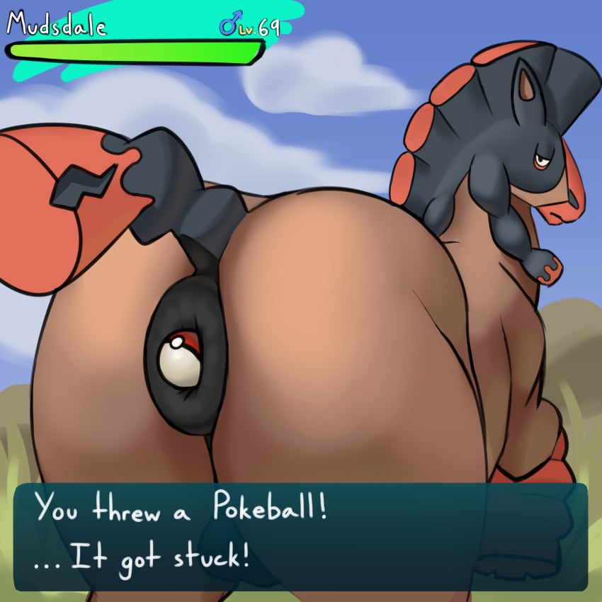 anus anus_focus ass balls barely_visible_balls barely_visible_genitalia butt_focus dialogue_box feral furry gameplay_mechanics generation_7_pokemon genitals hi_res kkhorseplay looking_at_viewer looking_back looking_back_at_viewer male mudsdale nintendo object_in_ass outside penetration pokeball pokeball_insertion pokemon pokemon_(species) presenting presenting_anus presenting_hindquarters raised_tail solo tail text text_box unimpressed